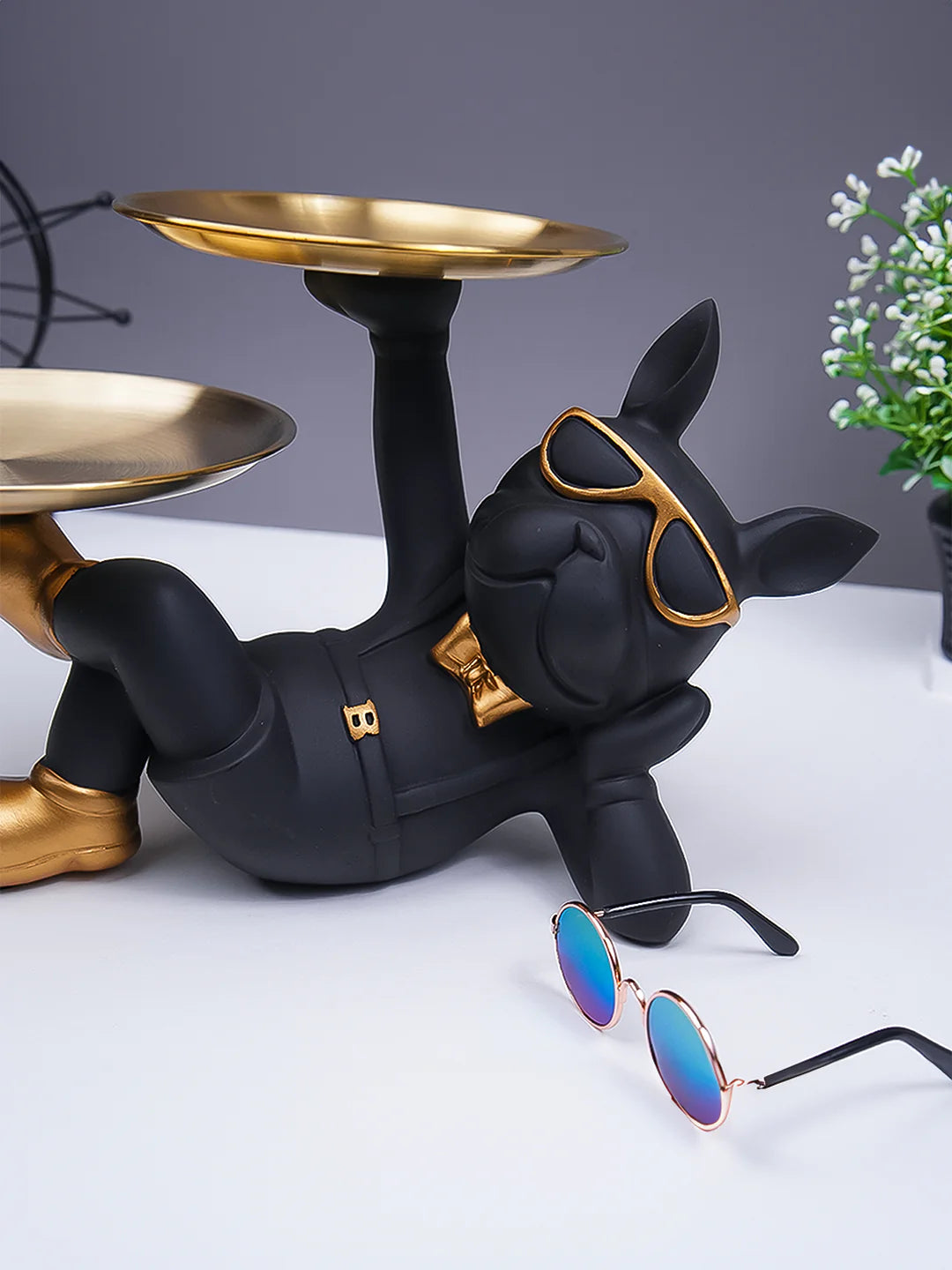 Black & Gold Bulldog Tray Stand with Sunglasses