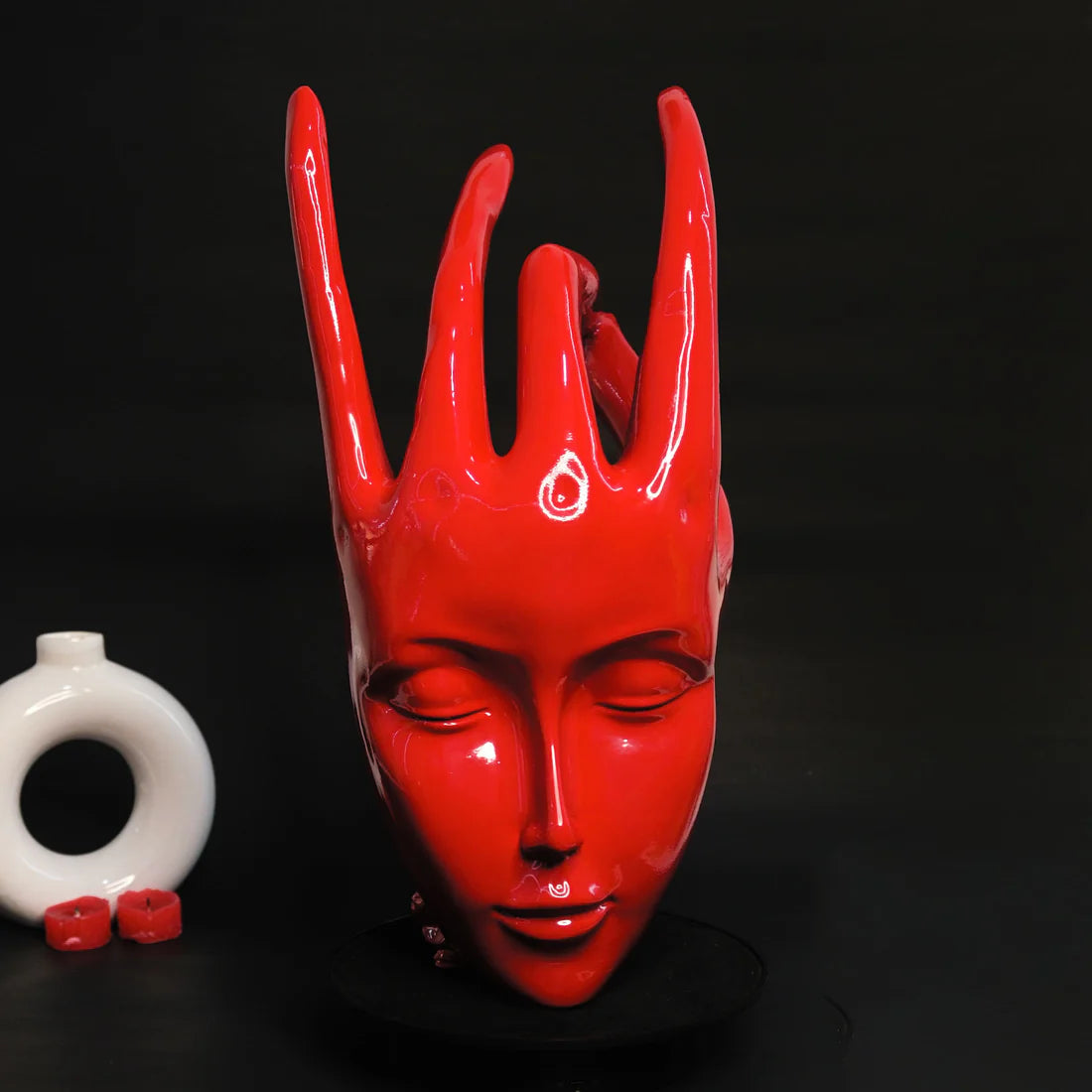 Regal Red Crowned Mudra Zen Face Sculpture (1.4 Ft Approx)