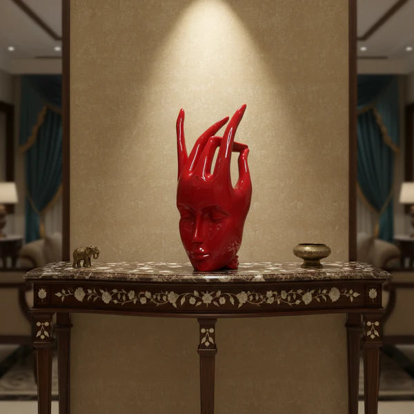 Regal Red Crowned Mudra Zen Face Sculpture (1.4 Ft Approx)