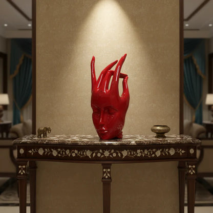 Regal Red Crowned Mudra Zen Face Sculpture